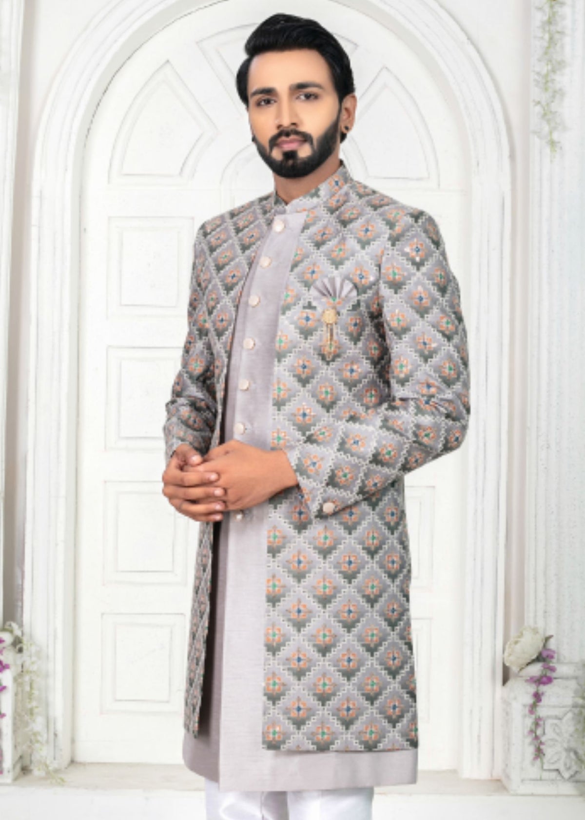 Grey Embroidered Open Indo Western Set