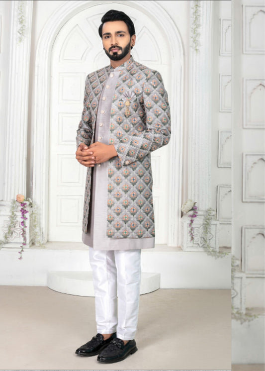 Grey Embroidered Open Indo Western Set