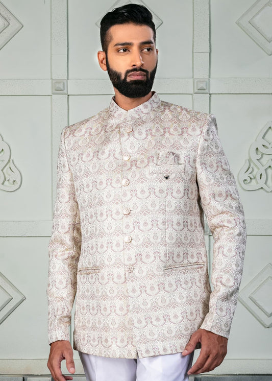 Cream Self Design Jodhpuri Suit for Mens