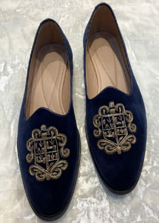 Blue Hand Embroidery Suede Loafers for Mens