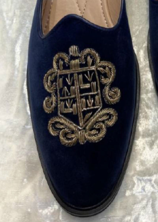 Blue Hand Embroidery Suede Loafers for Mens