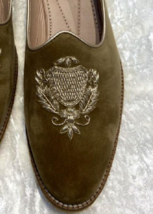 Golden Hand Embroidery Suede Loafers for Mens