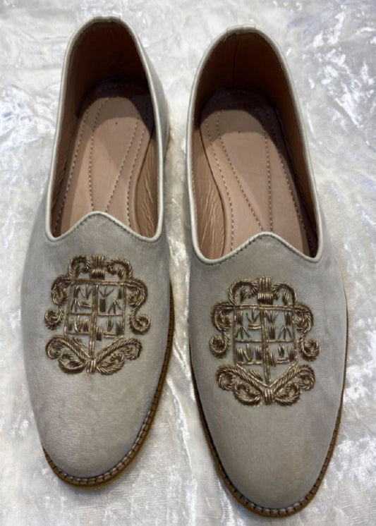 Grey Hand Embroidery Suede Loafers for Mens