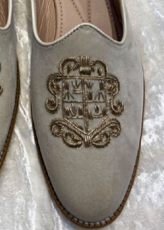 Grey Hand Embroidery Suede Loafers for Mens