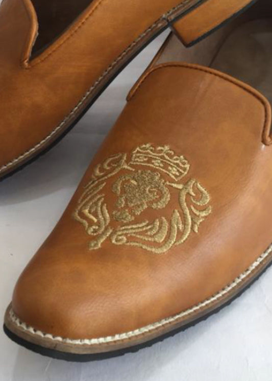 Tan Brown Embroidery Leather Loafers