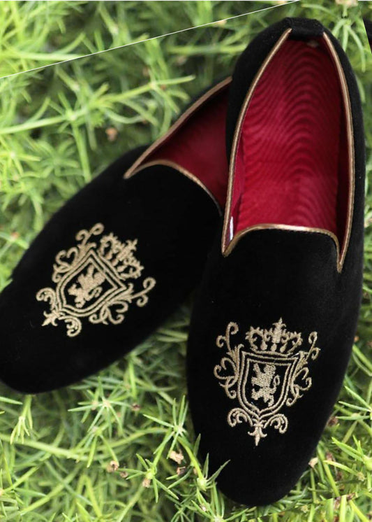 Black Embroidery Velvet Loafers for Mens