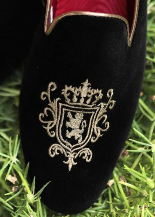 Black Embroidery Velvet Loafers for Mens