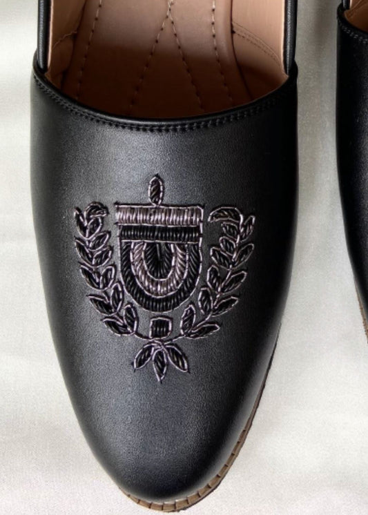 Black Hand Embroidery Leather Loafers Shoes