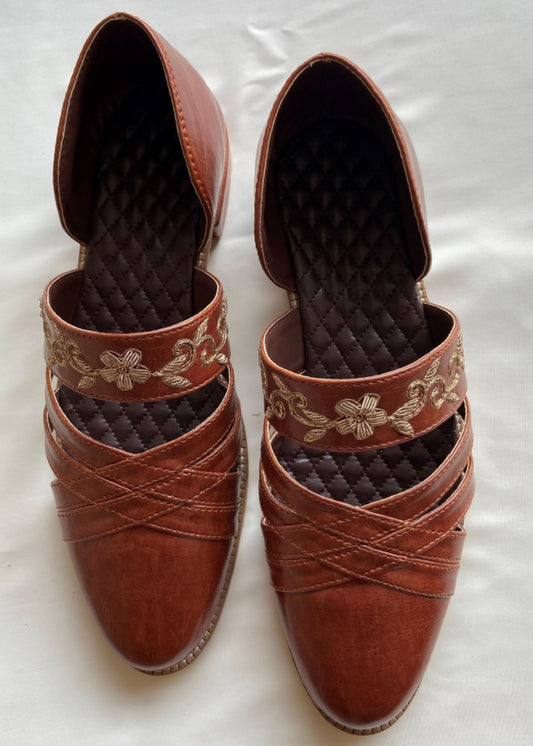 Tan Brown Embroidery Sandal Slip-Ons