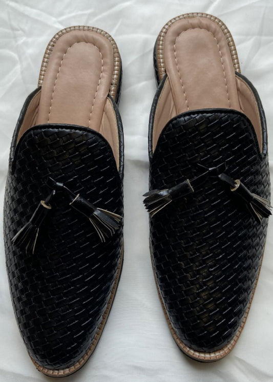 Black Matt Leather Slip-On Sandal with Tassels