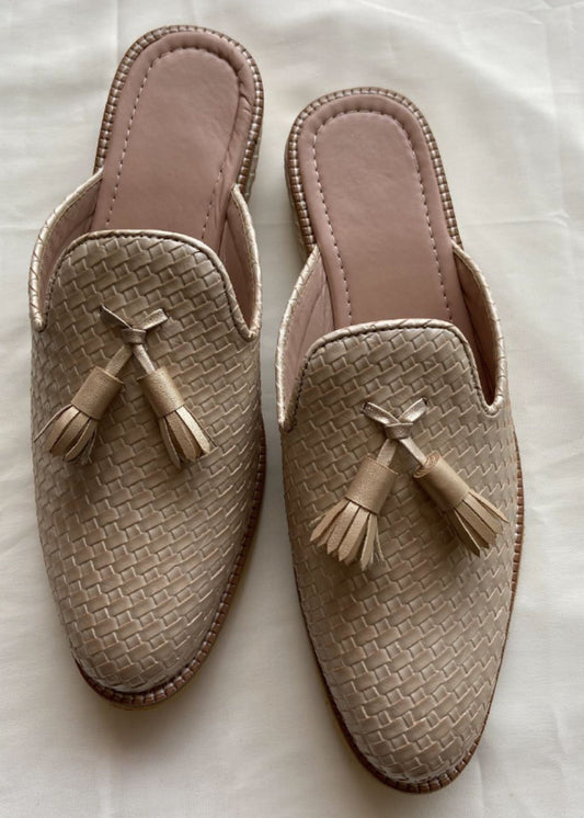 Cream Matt Leather Slip-On Sandal with Tassels