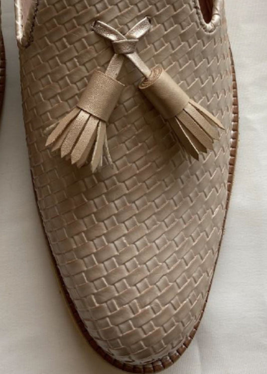 Cream Matt Leather Slip-On Sandal with Tassels