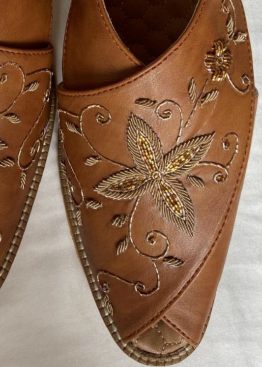 Tan Brown Embroidery Indo Sandal Slip-Ons for Mens