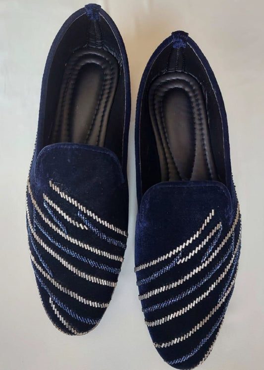 Navy Blue Cut Work Velvet Loafers for Mens