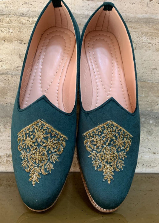 Bottle Green Hand Work Suede Loafers for Mens