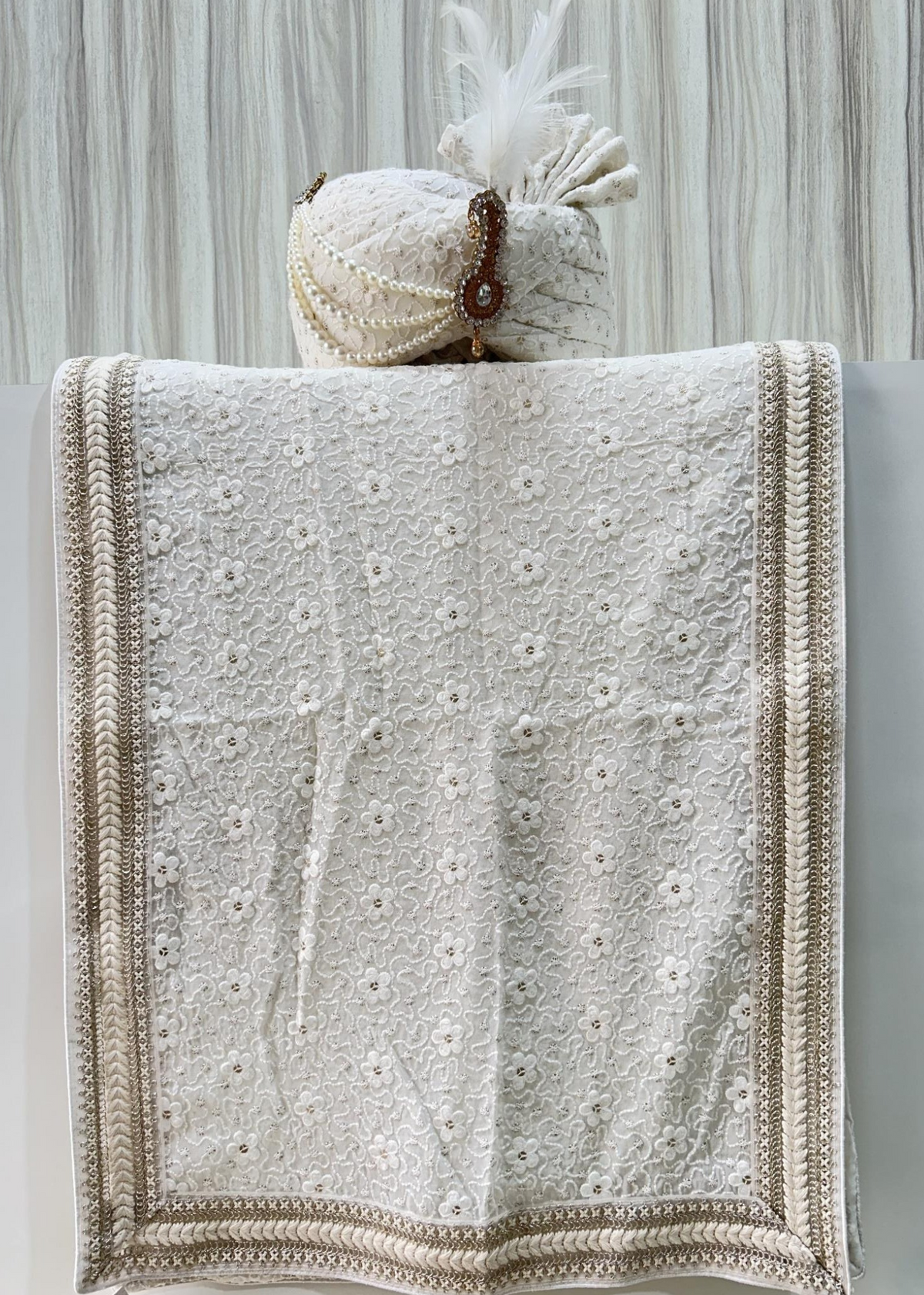 OFF WHITE FLORAL CHICKENKARI  SAFA DUPATTA SET (ONPAPER  PATTERN)