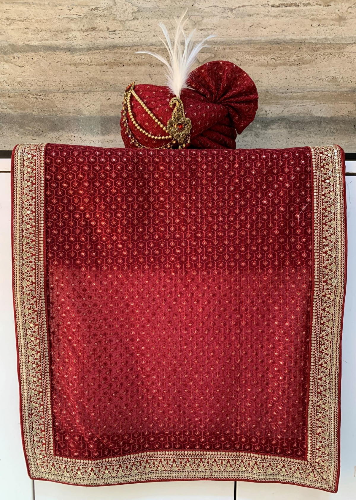 MAROON NET CHICKEN SAFA DUPATTA SET ( ONFOAM PATTERN)