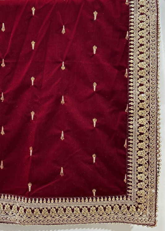 MAROON MICROVELVET ZARI EMB STOLE