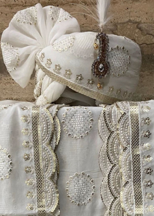 Cream Chiken Groom Safa Dupatta Set