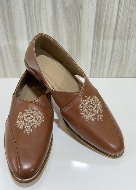 TAN LEATHER HAND EMB LOAFER SHOES FOR MEN