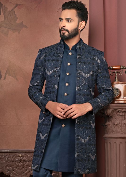 Navy Blue Self Embroidered Open Indo Western Set