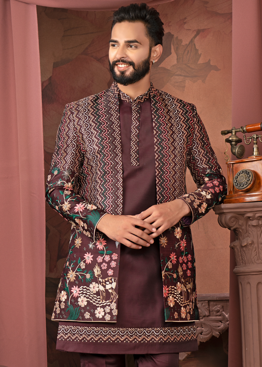 Wine Self Embroidered Open Indowestern Set