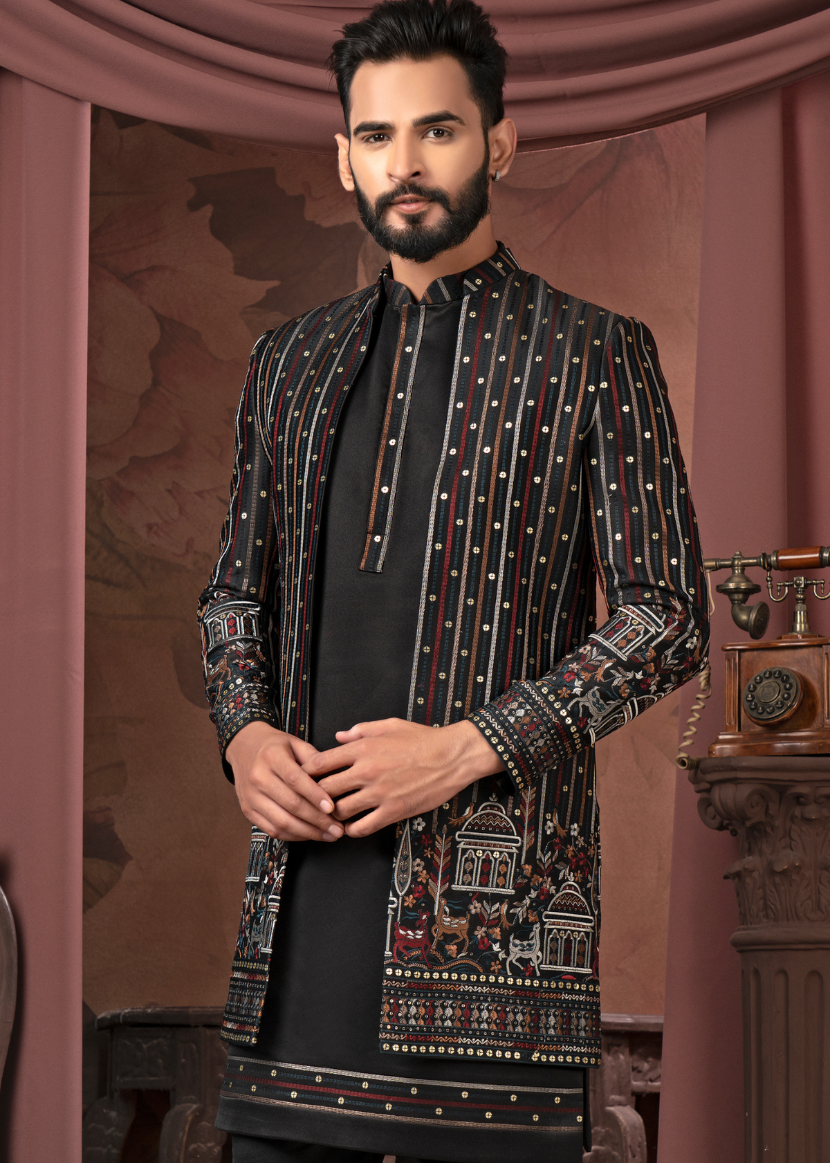 Black Designer Embroidered Open Indowestern Set