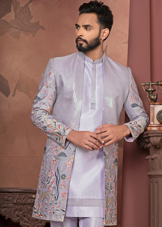 Lavender Designer Embroidered Open Indowestern Set