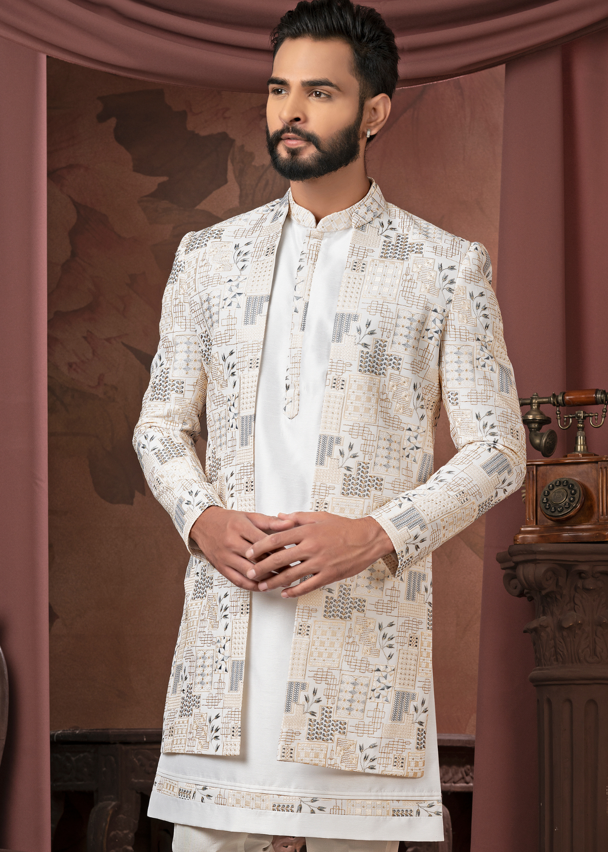 Soft Pink Self Weaving Open Indowestern Set