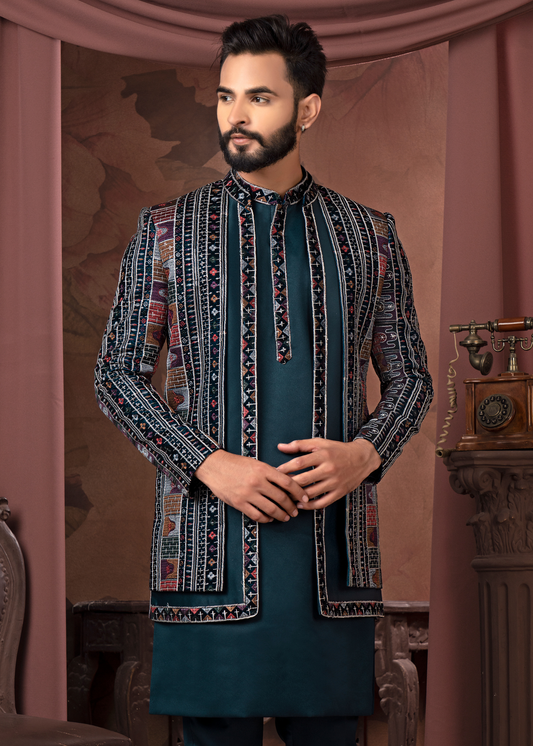 Teal Blue Hand Weaving Open Indowestern Set