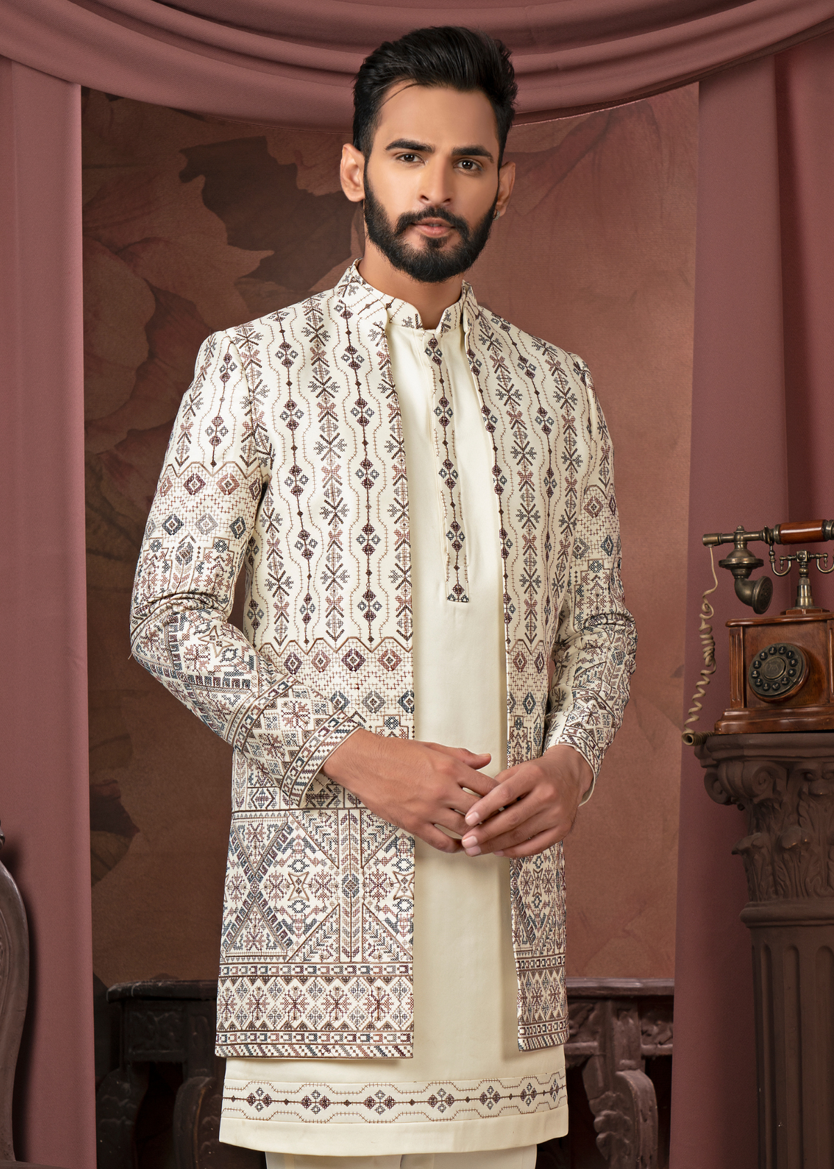 Pastel Cream Hand Weaving Open Indowestern Set