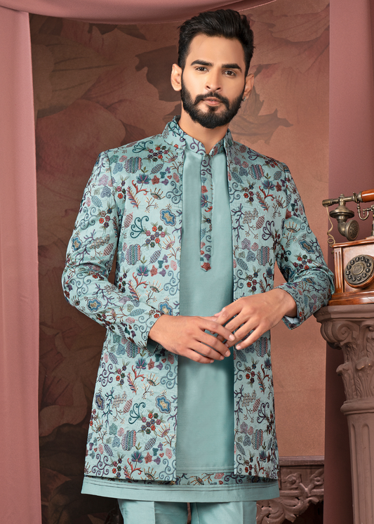 Baby Blue Hand Embroidered Open Indowestern Set