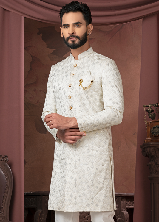 Off White Self Embroidered Indowestern Set