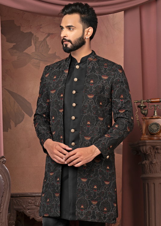 Black Designer Embroidered Open Indowestern Set