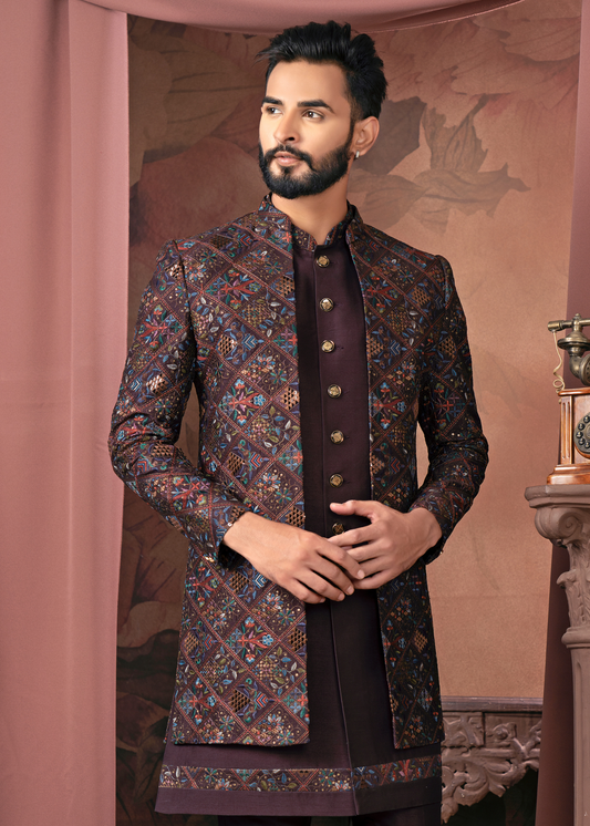Wine Self Embroidered Open Indowestern Set