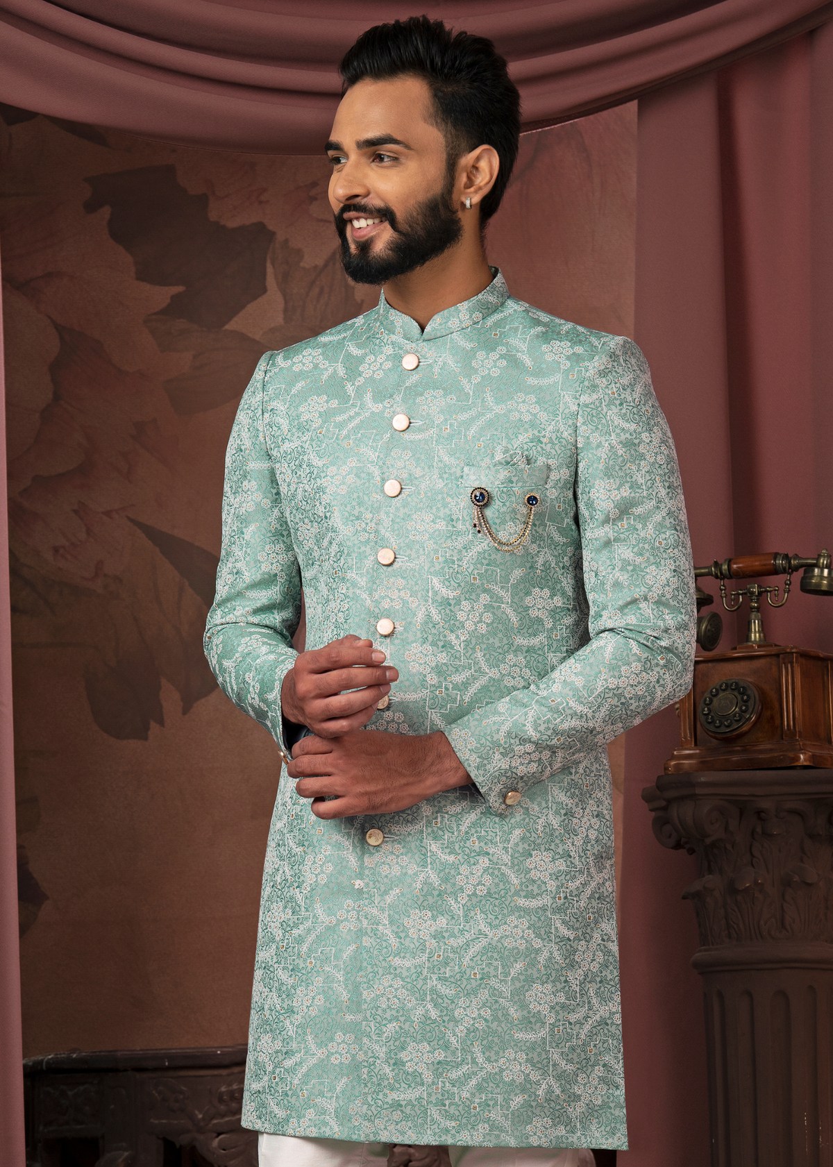 Aqua Self Embroidered Indowestern Set