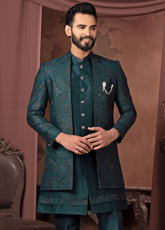 Teal Green Hand Weaving Open Indowestern Set