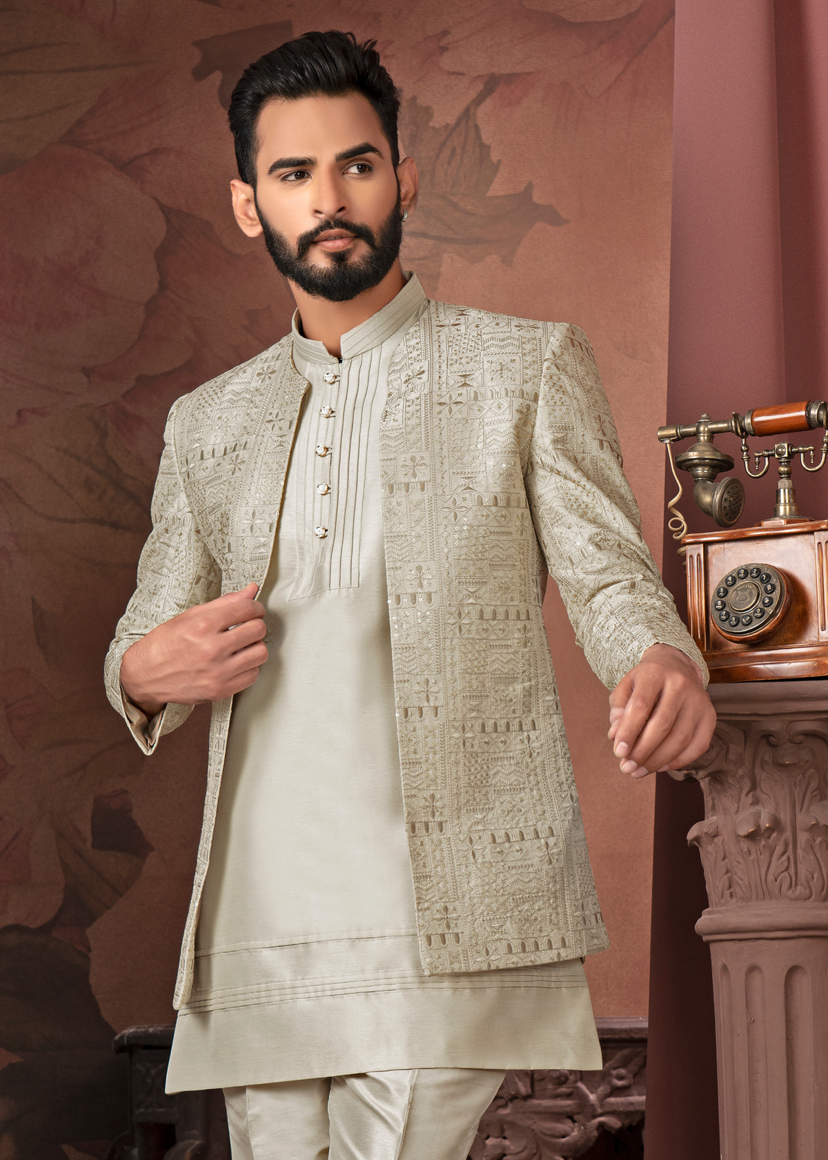 Light Grey Self Embroidered Open Indowestern Set