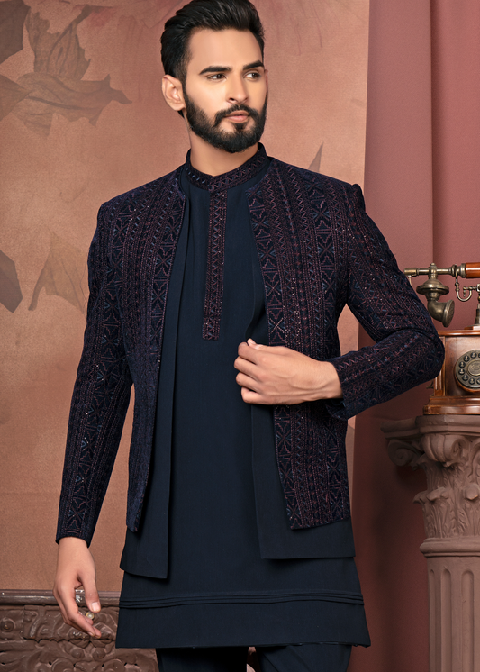 Navy Blue With Wine Thread Embroidered Open Indo Western Set