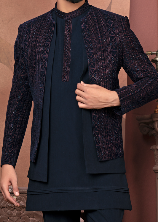 Navy Blue With Wine Thread Embroidered Open Indo Western Set