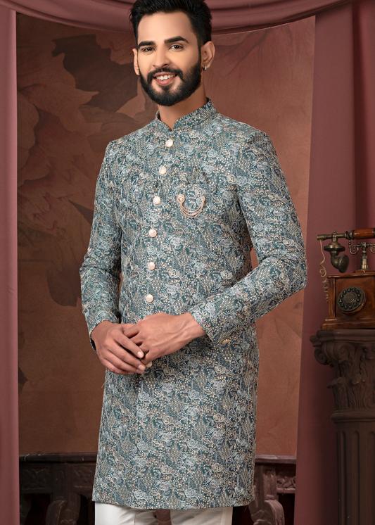 Steel Blue Self Embroidered Indowestern Set