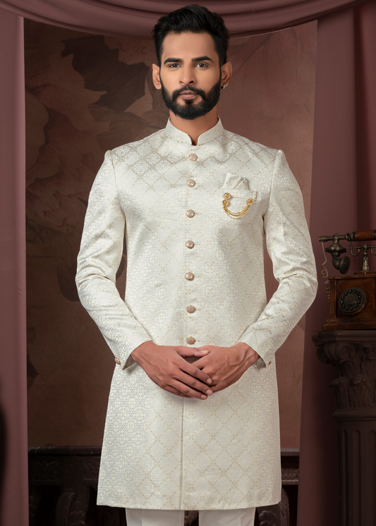 Off White Self Jacquard Indowestern Set