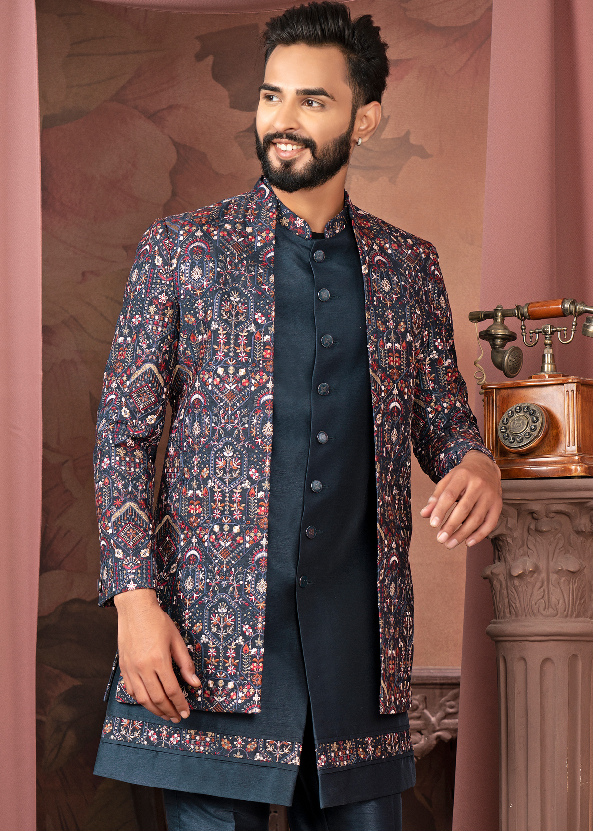 Steel Blue Multicoloured Thread Embroidered Indowestern Set