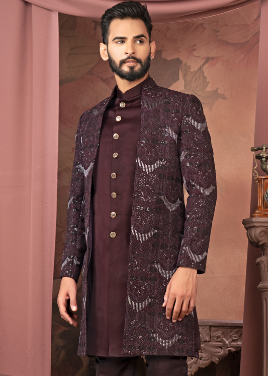 Wine Self Embroidered Open Indowestern Set