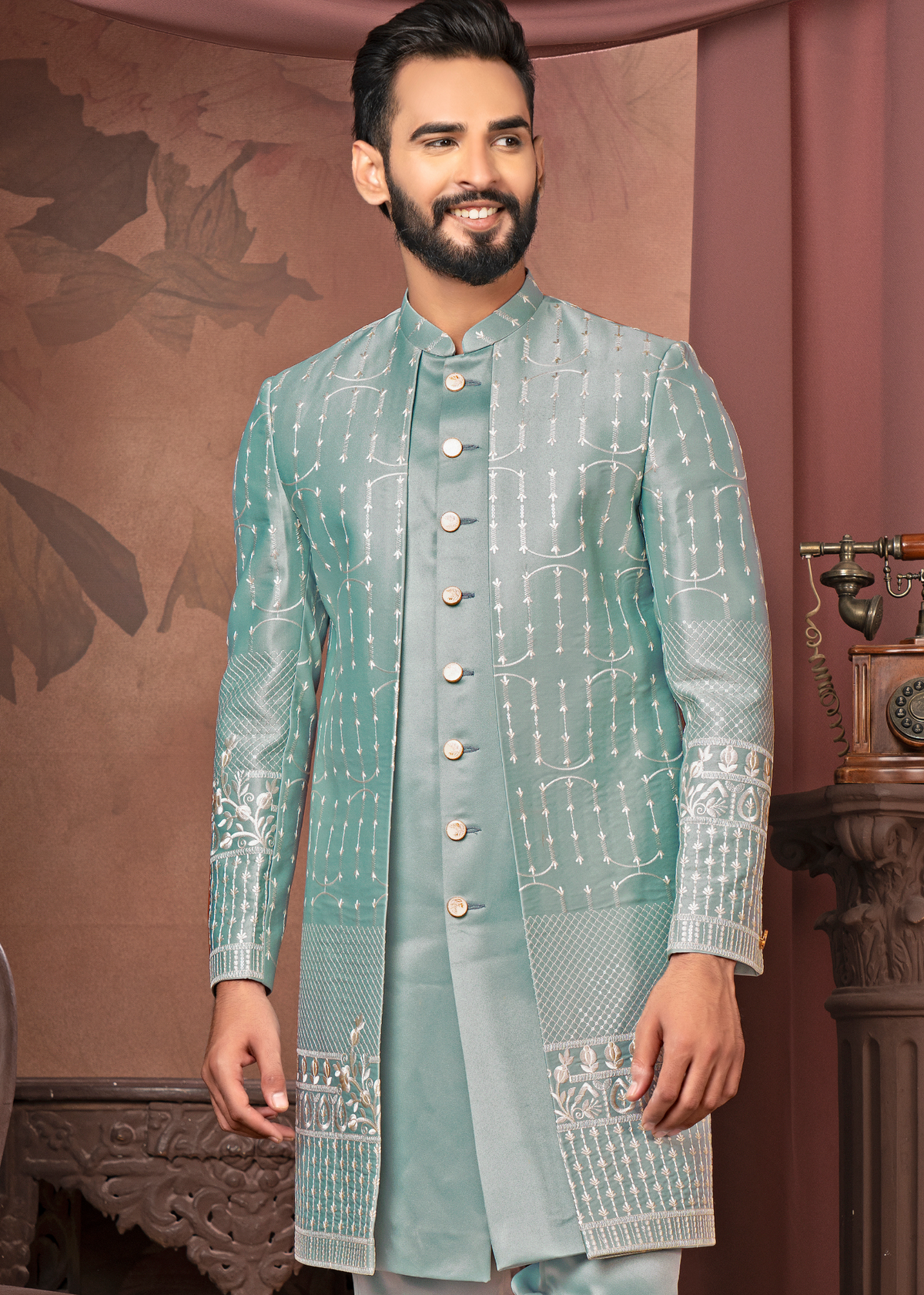 Aqua Thread Embroidered Open Indowestern Set