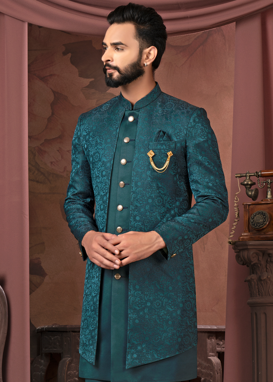 Teal Blue Self Embroidered Open Indowestern Set