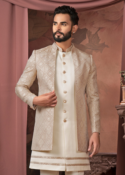 Beige Jacquard Open Indowestern Set