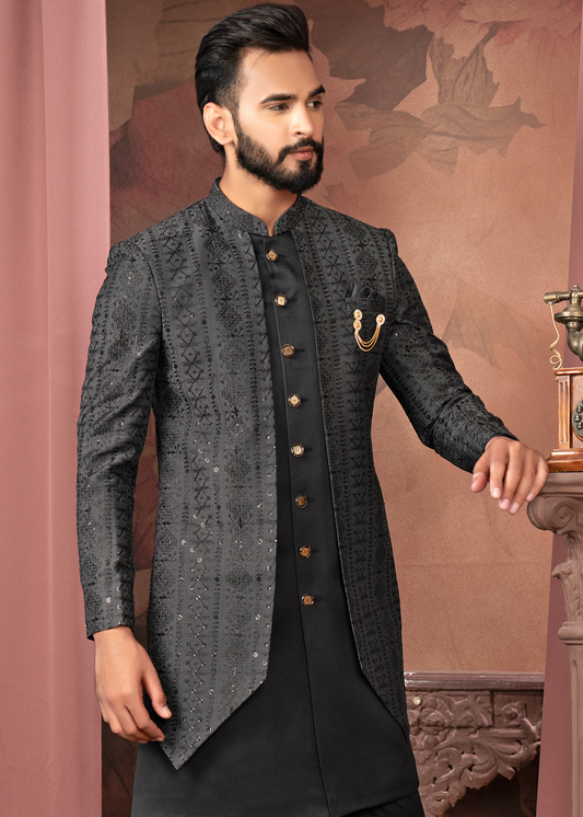 Black Thread Sequin Embroidered Open Indowestern Set