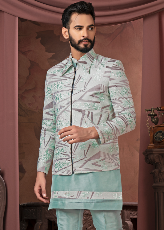 Aqua Collared Self Designer Indowestern Set