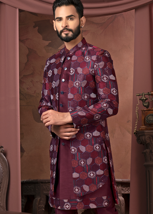 Wine Self Checkered Designer Open Indowestern Set